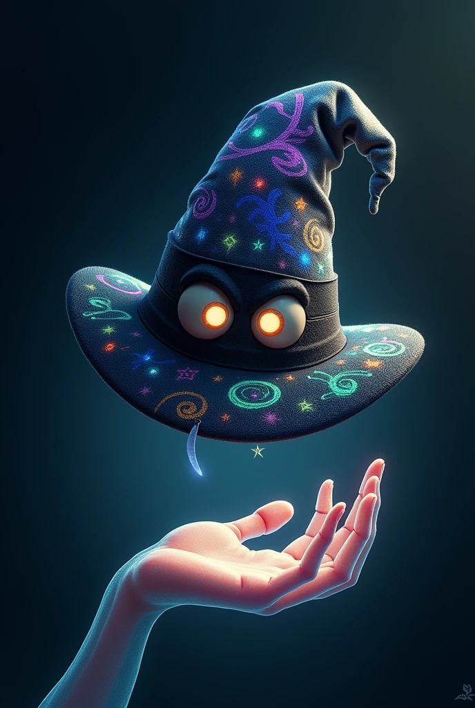a magician's hat with floating hands by its side and knife jn one of them, in dark, the hat also have eyes on it