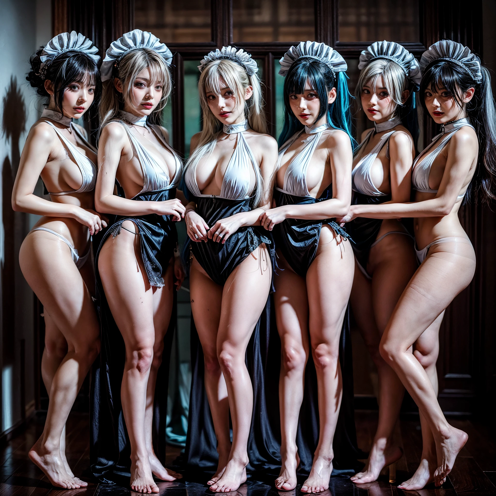 (Full Body of Extremely Detailed((Sexy Maid Group in a row:1.37))), KAWAII perfect face, Reflective Eyes, Detailed(Delicate Clothing textures), Correct Leg Line, Dynamic Joyful Expressions LifeLike Rendering, Specular Reflection, TopQuality 8K Ultra-detailed masterpiece (ProfessionalPhoto:1.37), (Acutance:0.8), (Luminism:1.28), (Renaissance art style), Colorful Light particles, ((Full body from side)), {Kissing|Thigh Gap|AssFocus|(NakedApron with Overflowing SideBoob)}, Radiant Fine Skin with Transparency, (Exposed:0.4), (Different types of Anime hair color){Pink Hair|Blue Hair|Platinum Blonde|Pure White Hair|Liquid Hair}, Perfect Lighting