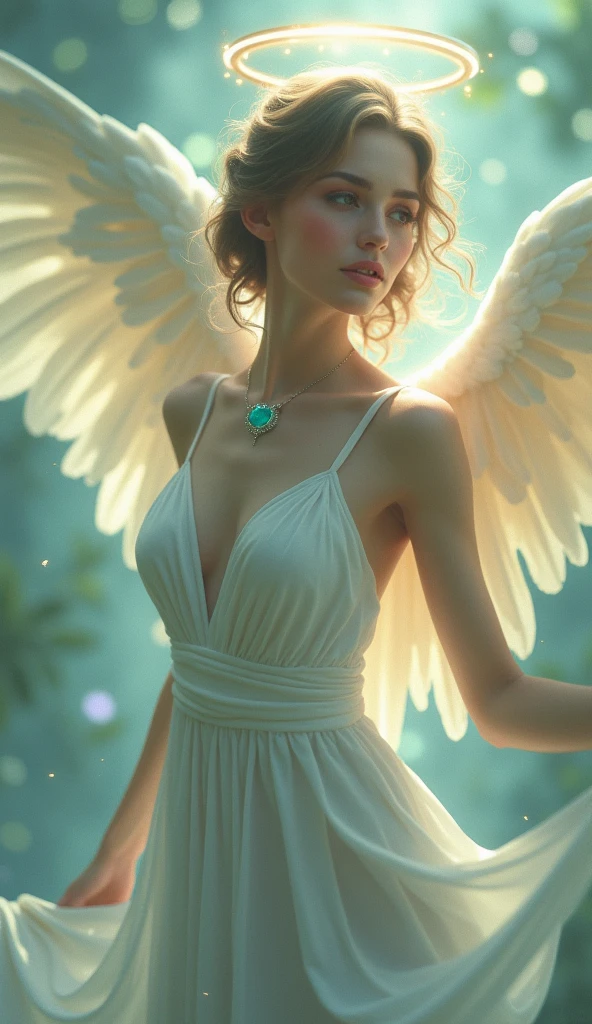 A shot of a beautiful female angel's waist, Complex, Narrow Face, elegant, wearing an aquamarine necklace, Halo, A sheer white lightweight dress with straps, To the camera, Very detailed, Digital Painting, Art Station, Concept Art, Smooth, Sharp focus, figure, ArtJam、Greg Rutkowski、Art by Alphonse Mucha, 8k, Volumetric Fog, bloom, light, lumen, Crank blur