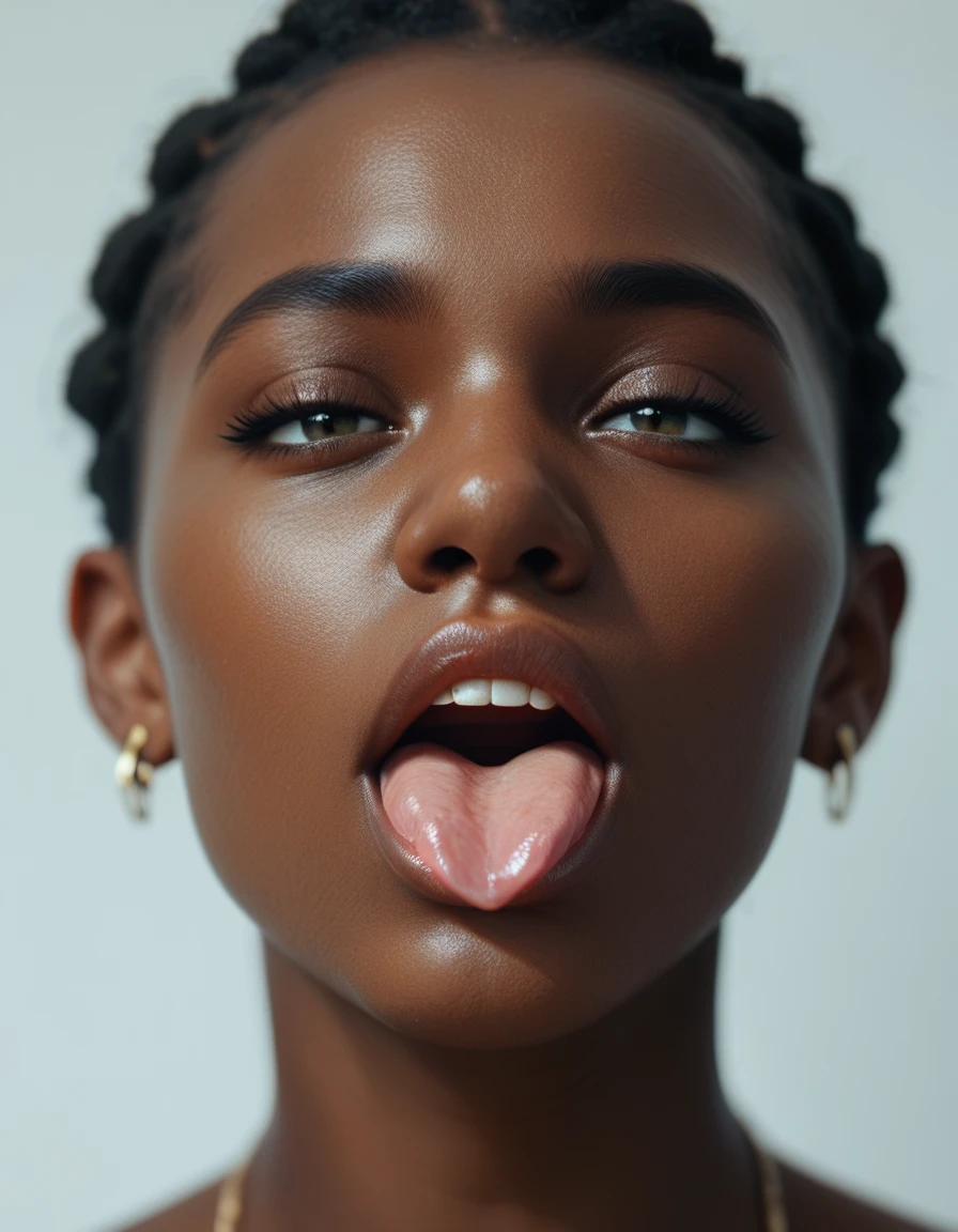 detailed close up of a dark African woman's open mouth with tongue out, anatomically correct, super detail, high quality, 4K
