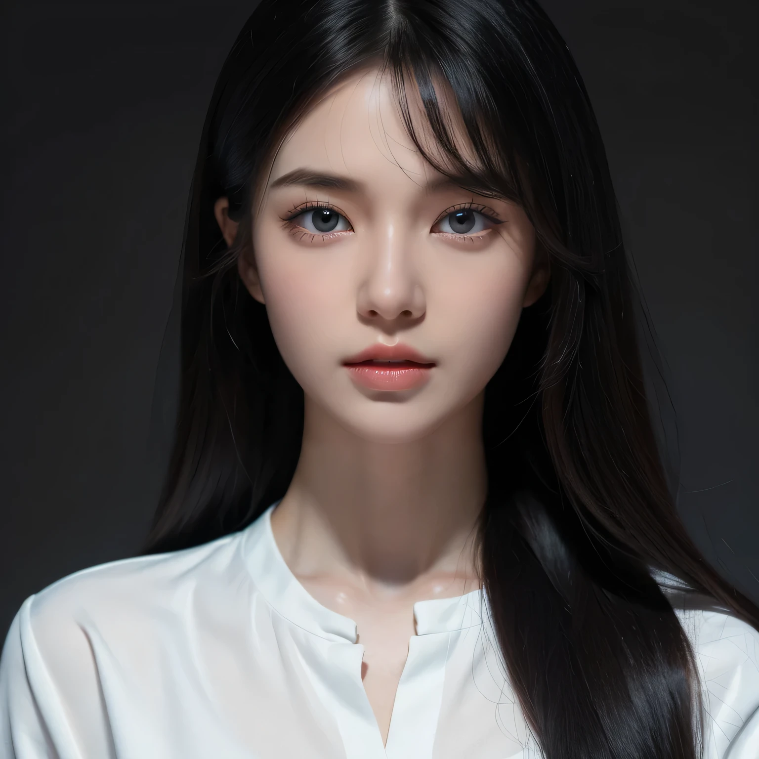 american chinese model, slim face, black wavy hari, sharp eyes, natural light, 21 years old, close-up of face, ((1 girl, Show half Body)). Ultra HD, Ultra-detailed, Highly Detailed, Ultra High Realistic, Ultra-realistic, Masterpiece:1.5, illustration:1.1, best quality:1.5, realistic, photorealistic, fine detail, perfect detail, sharp color, 4k, 8k, HDR, sharp focus, smooth detail, high resolution. (Anatomically Correct), (Detailed Realistic Skin Texture). slim body. A beautiful woman wearing long sleeves shirt and pants. dark background. Long black hair with bangs, Beautiful face, closed mouth, closed lips, detailed face, Beautiful eyes, perfect symmetrically perfect eyes.