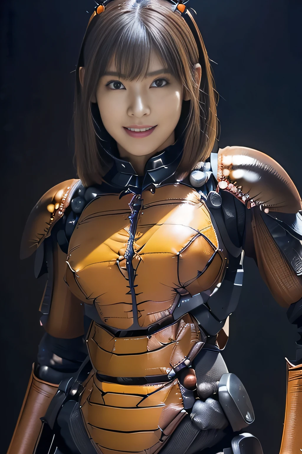 (high resolution,masterpiece,best quality,extremely detailed CG, anime, official art:1.4), realistic, photo, amazing fine details, all intricate, gloss and shiny,awesome many layers, 8k wall paper, 3d, sketch, kawaii, illustration,( solo:1.4), perfect female proportion,villainess, (fusion of dark brown cockroach and lady:1.4), (brown cockroach form lady:1.2), (brown cockroach lady:1.2), (fusion:1.2), (solo:1.4), (evil smile:1.2), muscular, abs, (cockroach brown exoskeleton bio insect suit:1.4), (cockroach brown exoskeleton bio insect armor:1.2), (brown transparency cockroach wing:1.4), (brown cockroach antennae:1.3),