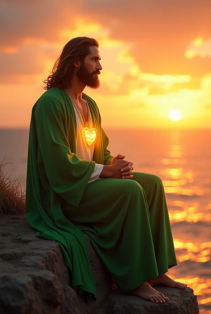 (photorealism:1.2), handsome hunk Jesus Christ, sitting on the big rock in the cliff seeing sunset, wearing the green elegant clothes of the king, the light in his head and heart spreading all over, beautiful hair of handsome hunk Jesus Christ, 6 feet tall handsome hunk Jesus Christ, focus on handsome hunk Jesus Christ face, clear face of hunk handsome Jesus Christ, outdoors, brighter lighting, sunset in background, warm sea with sunset, cozy sunset, relaxed pose, realistic, intricate details, warm colors,