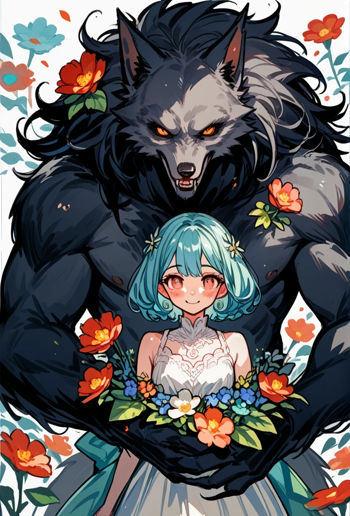 cover page, highres, top quality, best quality, paid reward available, unparalleled masterpiece, perfect artwork, absurdres, High-quality illustrations, watercolor, soft color, love story of human girl and giant Werewolf, werewolf who presents flowers to a girl, love romance, pair, Height difference, Physical difference, perfect anatomy, smile, happy,