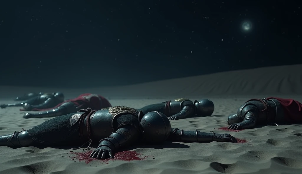A highly realistic, high-contrast, 8K HD, detailed, hyper-detailed image of medieval knights with lion emblems on their armor, lying dead in the dark expanse of a desert at night. The knights, clad in steel armor with the lion emblem prominently displayed on their tunics and chest plates, are scattered across the sandy landscape, their bodies fallen and lifeless. The scene is enveloped in darkness, with only the faint light of the moon or stars casting subtle shadows across the landscape. Traces of blood are visible on the sand and the knights' armor, adding to the grim reality of the battle that took place. The atmosphere is eerie and haunting, capturing the silent and desolate aftermath of conflict under the vast, star-filled sky of the desert. The image is of the highest quality, with ultra-high resolution, RAW photo quality, and Unreal Engine rendering, showcasing the tragic end of the knights, with the lion emblem still visible on their fallen, blood-stained armor in the cold night of the desert.