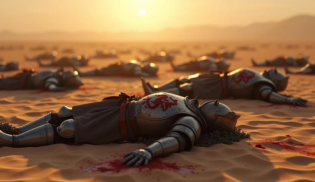 (masterpiece, best quality:1.5), (epic battlefield:1.4), fallen knights, (Lion-emblazoned armor:1.3), scattered across the battlefield, swords and shields lying around, dust and debris, dramatic lighting, (sunrise in the background:1.3), shadows stretching across the ground, (full-body shot:1.2), (focus on the aftermath:1.4), broken weapons, cracked helmets, (realistic and detailed textures:1.5), bloodstained ground, smoke rising from the ground, (desolate atmosphere, silence after the battle)