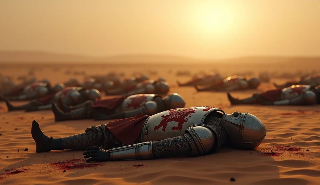 A highly realistic, high-contrast, 8K HD, detailed, hyper-detailed image of medieval knights with lion emblems on their armor, lying dead in the dimly lit expanse of a desert. The knights, clad in steel armor with the lion emblem prominently displayed on their tunics and chest plates, are scattered across the sandy landscape, their bodies fallen and lifeless. The scene is darker, with the sun low on the horizon or obscured, casting deep shadows over the landscape. Traces of blood are visible on the sand and the knights' armor, adding to the grim reality of the battle that took place. The atmosphere is somber and haunting, capturing the silent and desolate aftermath of conflict in the unforgiving desert. The image is of the highest quality, with ultra-high resolution, RAW photo quality, and Unreal Engine rendering, showcasing the tragic end of the knights, with the lion emblem still visible on their fallen, blood-stained armor.