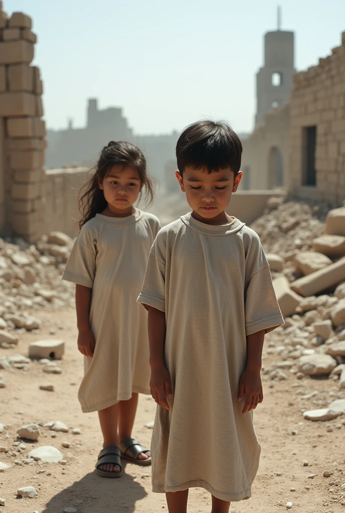 Children in Middle Eastern countries，stare blankly at the ground.，Expression fear，Wearing a very large T-shirt，There are ruins all around
