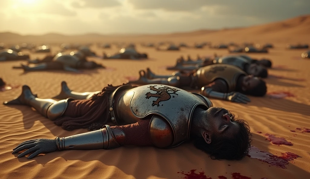 A highly realistic, high-contrast, 8K HD, detailed, hyper-detailed image of medieval knights with lion emblems on their armor, lying dead in the dimly lit expanse of a desert. The knights, clad in steel armor with the lion emblem prominently displayed on their tunics and chest plates, are scattered across the sandy landscape, their bodies fallen and lifeless. The scene is darker, with the sun low on the horizon or obscured, casting deep shadows over the landscape. Traces of blood are visible on the sand and the knights' armor, adding to the grim reality of the battle that took place. The atmosphere is somber and haunting, capturing the silent and desolate aftermath of conflict in the unforgiving desert. The image is of the highest quality, with ultra-high resolution, RAW photo quality, and Unreal Engine rendering, showcasing the tragic end of the knights, with the lion emblem still visible on their fallen, blood-stained armor.