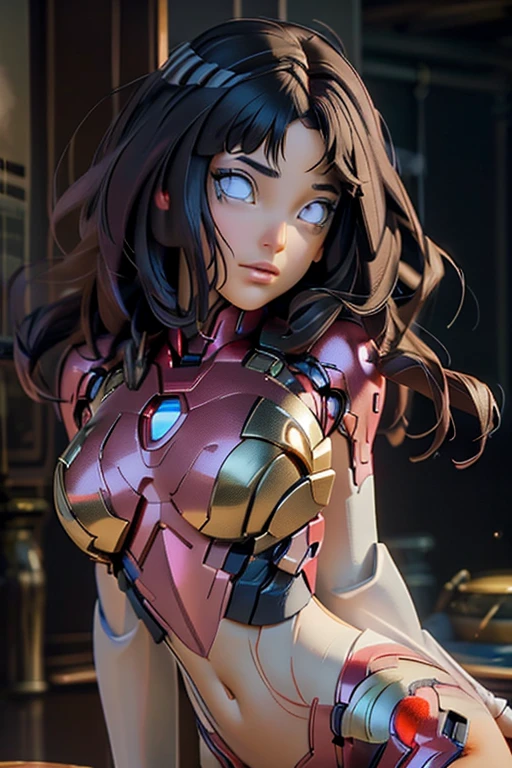a girl,lying on stomach,looking at viewer, looking back, wearing a skimpy iron man armor, with beautiful curly long hair, detailed eyes, lips, and face. Her eyes are expressive, and her lips are full and delicately painted. She has a slender figure, with a curvaceous body and thick thighs. The girl is alone in the scene, and her back is facing the viewer. The lighting creates a soft and warm atmosphere, highlighting her features. The artwork is created using realistic oil painting techniques, employing vibrant colors and sharp focus. The overall image is of the best quality, with ultra-detailed details and a photorealistic style.