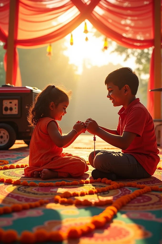 Create a epic relatstic image for the commerical  advertising of  diesel generators . Theme is -  Rakhi festival indian festival theme with flowers ( kids 
-  brother and sister sitting on floor . ) and diesel generator showing up in the background.  Diesel generator in the background and has to be visible. 