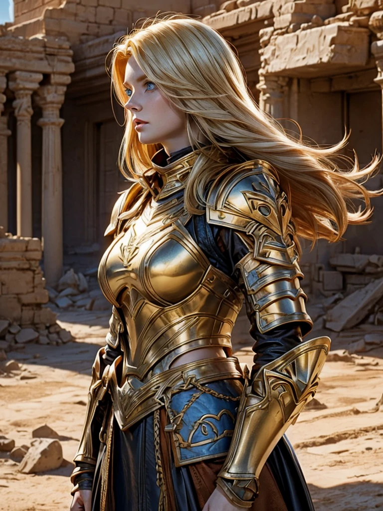 a redheaded woman with blue eyes, long blonde hair, in a desert ruins setting, wearing golden armor, shoulder pads, leather armor underneath the metal armor