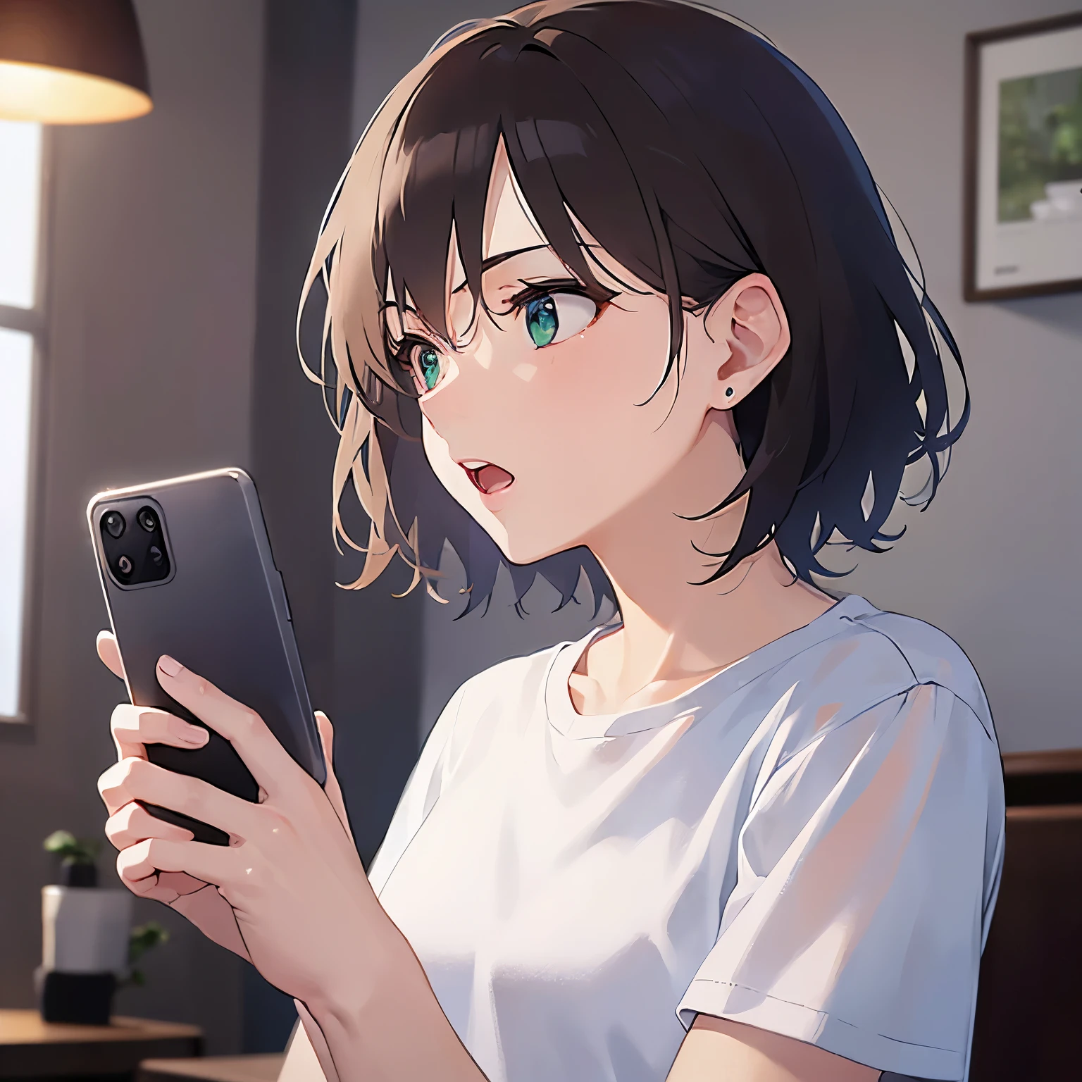 (25-year-old male:1.5) and (Brown short hair) and (Green Eyes), (looking away:1.5),upper body、 (talking on the smartphone:1.5),(handling_smart_phone, smart_phone:1.2)、
shiny skin, masterpiece、Highest quality、
(black T-shirts:1.5) 、
(angry:1.2),open mouth,The background is the living room、(alone:1.5)