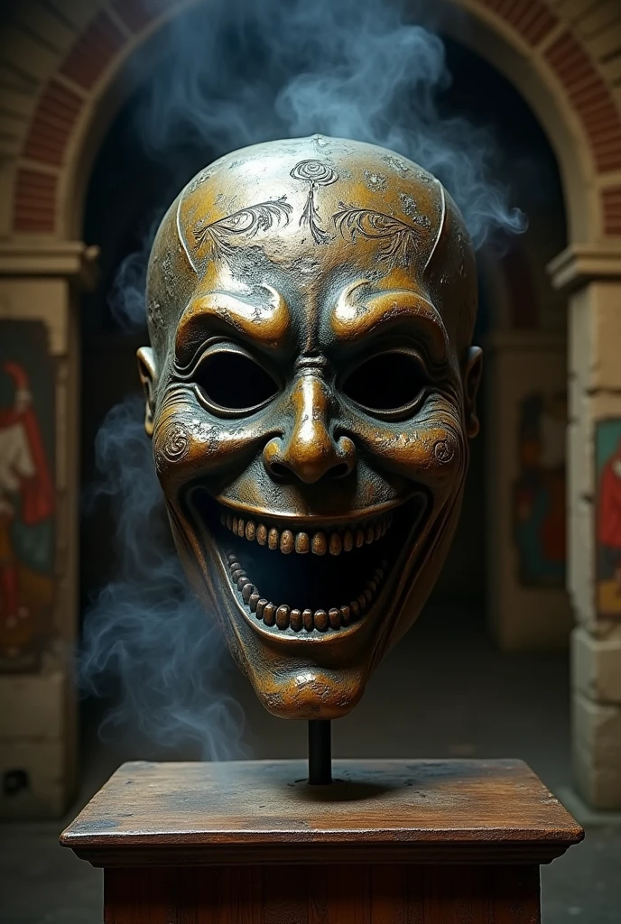 (photorealism:1.2), An exquisitely crafted bronze mask with a hideous, maniacal smile
