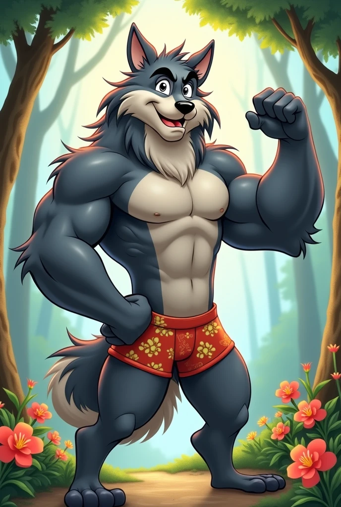 A strong furry wolf in a Disney cartoon style, with wolf's hand, wearing only a short underwear