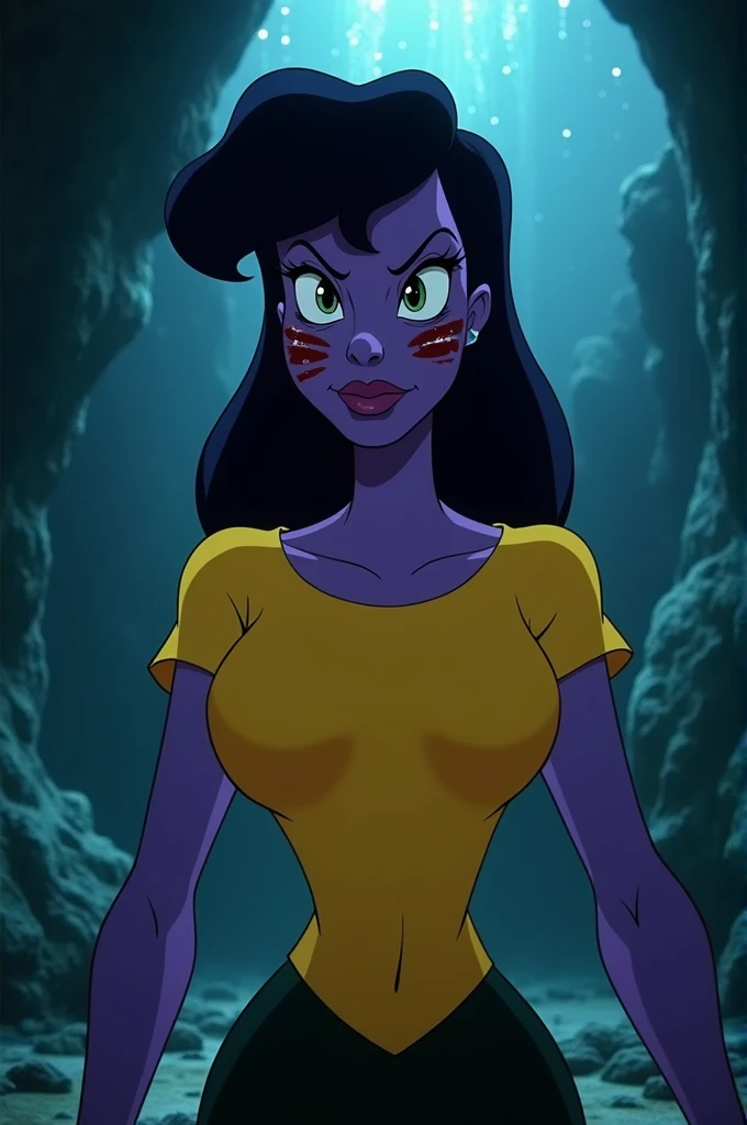 Make me a picture of ursula got bruises in her face and wearing yellow t shirt
