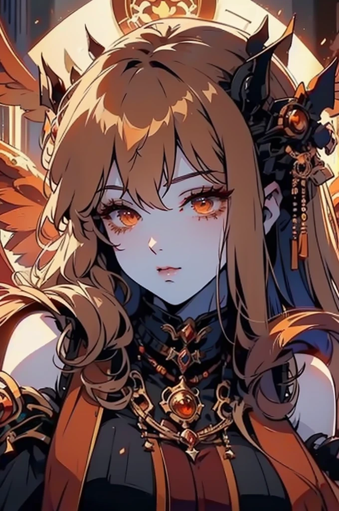 Closeup of a woman with fire and flames on her body, with fiery golden wings of flame, with fiery golden wings, epic fantasy art style, epic fantasy digital art style, feminine lady of change, full portrait of elementalist, Exquisite and epic character art.