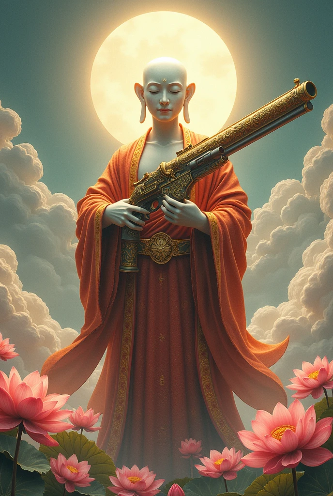 Guanyin Bodhisattva,Bright picture holding AK47 in hand。