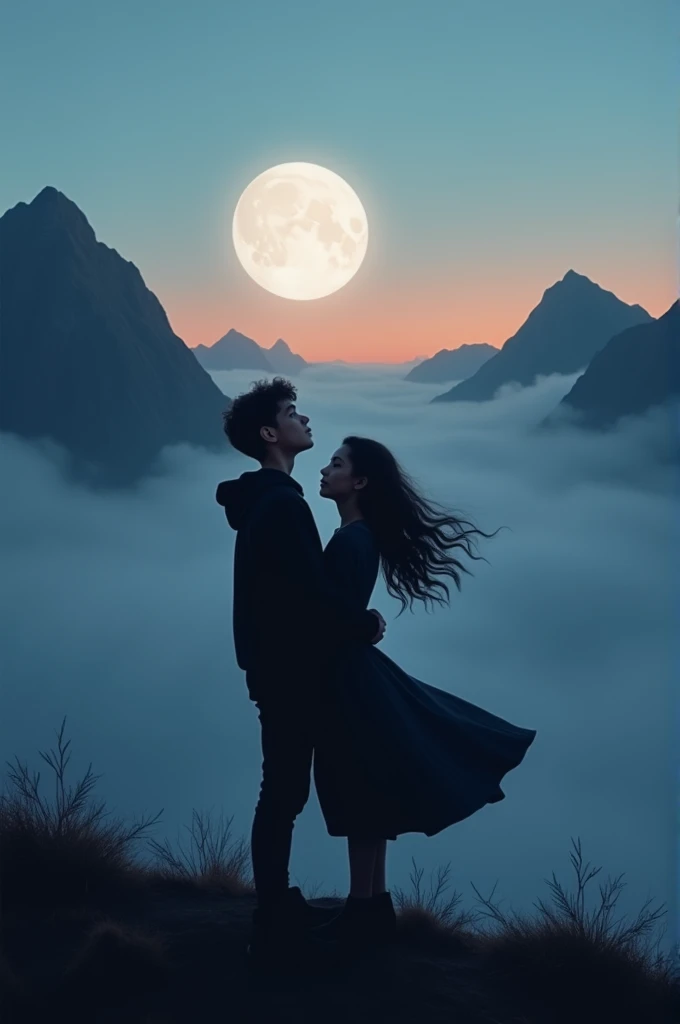 One couples are standing on a hill top of a mountian and kissing, the boy with black hoodie looking to the moon and the girls dress is also black , mountain are filled with fog,it's not night it's evening , face are like a humans real face