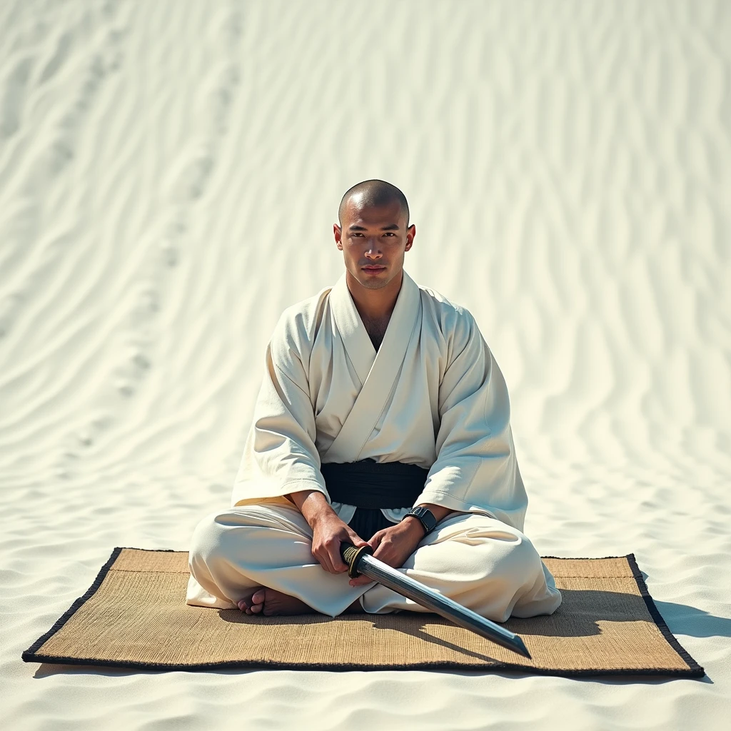A japanese samurai sitting on a mat laid out on a white sandbank is about to commit seppuku with a Wakizashi in his hand.
He is dressed in white, shaved head. front view,