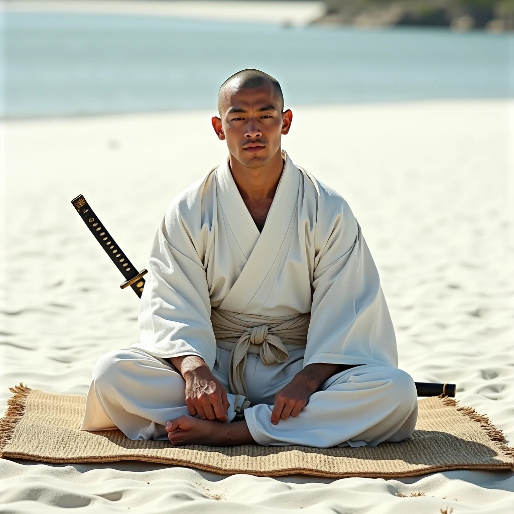 A japanese samurai sitting on a mat laid out on a white sandbank is about to commit seppuku with a Wakizashi in his hand.
He is dressed in white, shaved head. front view,