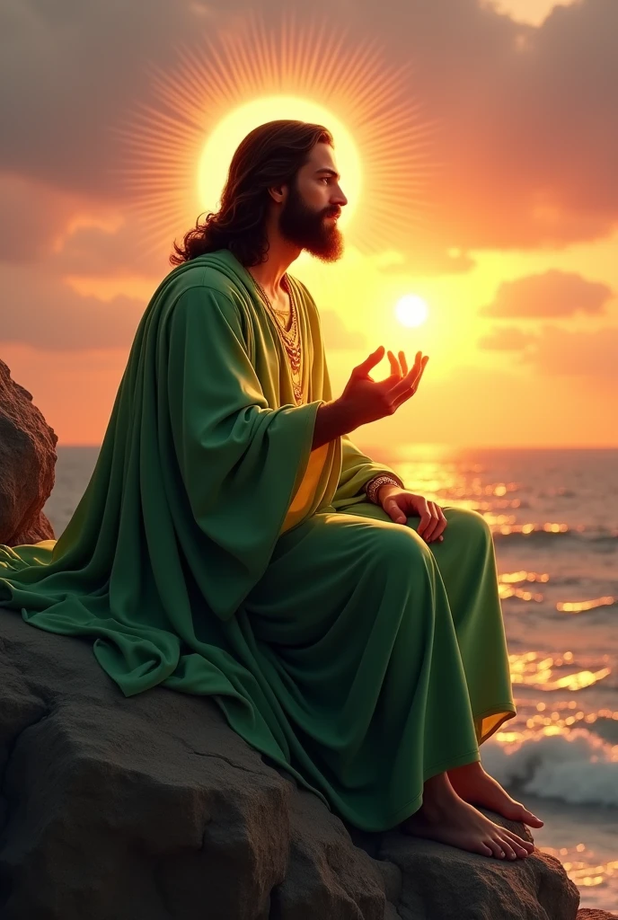 (photorealism:1.2), handsome hunk Jesus Christ, sitting on the big rock in the cliff seeing sunset, wearing the green elegant clothes of the king, the light in his head and heart spreading all over, beautiful hair of handsome hunk Jesus Christ, 6 feet tall handsome hunk Jesus Christ, focus on handsome  hunk Jesus Christ face, clear face of hunk handsome Jesus Christ, outdoors, brighter lighting, sunset in background, warm sea with sunset, cozy sunset, relaxed pose, realistic, intricate details, warm colors,
