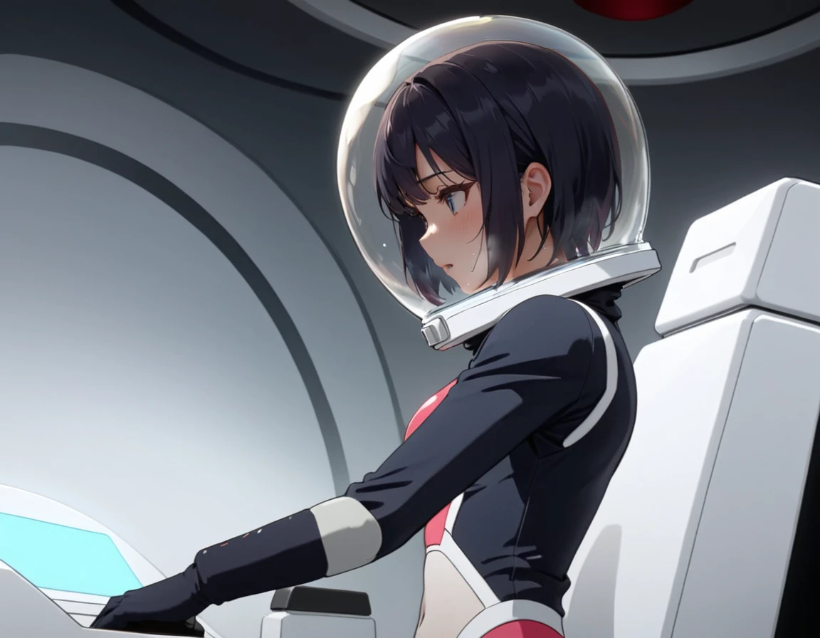 (spacesuit:1.15), white cargo pants, space helmet , , indoors, masterpiece, best quality, 1girl, solo, short hair, , , trembling, HARD TO BREATH,, , bodysuit, from side, bubble helmet, short hair, nside the (cockpit) of a (futuristic spaceship:1.6), , blush,sitting on a chair, covered navel, short hair