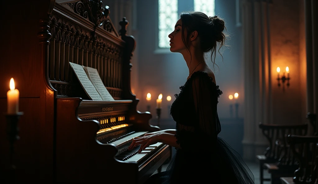 Nocturnal Symphony: A sensual vampire woman with alabaster skin and a dark, velvety dress, playing a grand organ inside a candlelit gothic cathedral. Her eyes are closed as she becomes one with the hauntingly beautiful melody she creates. The candles flicker, casting dramatic shadows that dance with the rhythm of the music.