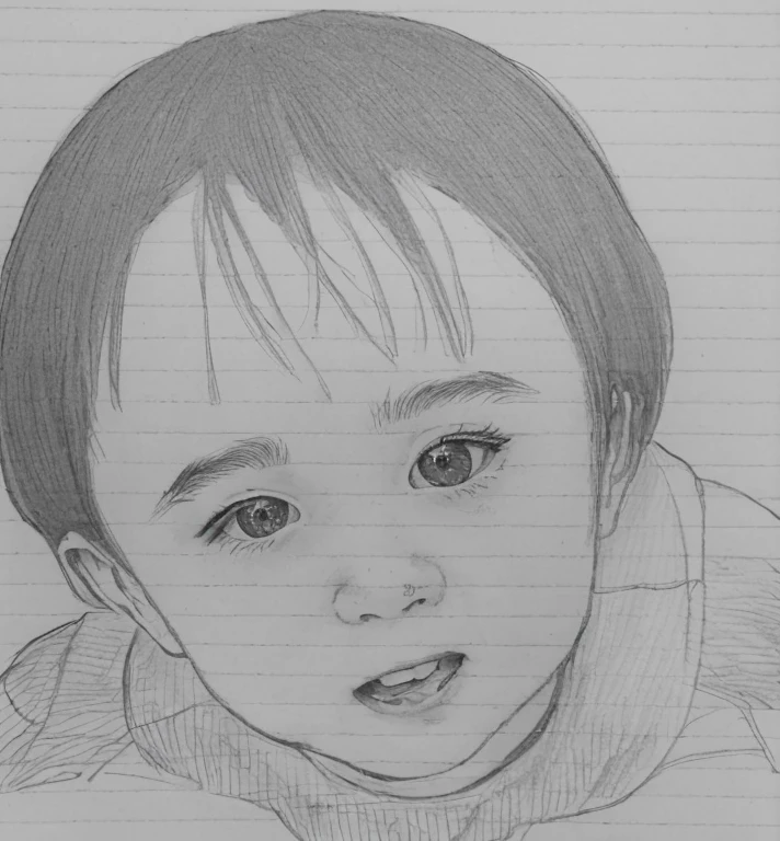 Realistic color photography style、Smiling emphasizes nasolabial folds. Make the chin a little thinner and accentuate the nasolabial folds.、I want it to look more like a color photograph.............。3 year old boy, Xu々To、Clearly visible、Emphasizes deep nasolabial folds from nose to mouth、Generate left and right dimples、Show me your beautiful smile.。Make your eyes look cute with double eyelids.