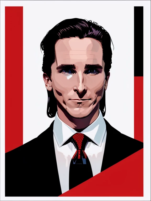 t-shirt designer, Patrick Bateman, in American Psycho (1 9 9 9), (Christian Bale), expression of happines, wearing a black suit and red tie, (white background), ( vector).(black and white),(minimalism).
