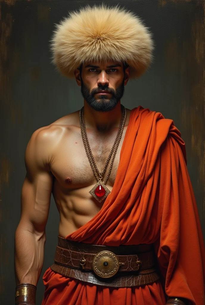 {{Masterpiece, best quality, oil painting, by Théodore Géricault, male focus, high resolution, super detailed, muted colors}}, the composition is: (((((a dramatic half body portrait of a 30 year old ancient Roman gladiator, sexy, magnificent, wearing a beige Russian fur hat, he is wearing a red diamond shape pendant))))). ((((He is wearing red and orange gladiator clothes made of tiger skin, alligator leather, with ronin inspired elements, Slavic inspired elements, wearing a satin sash)))).
