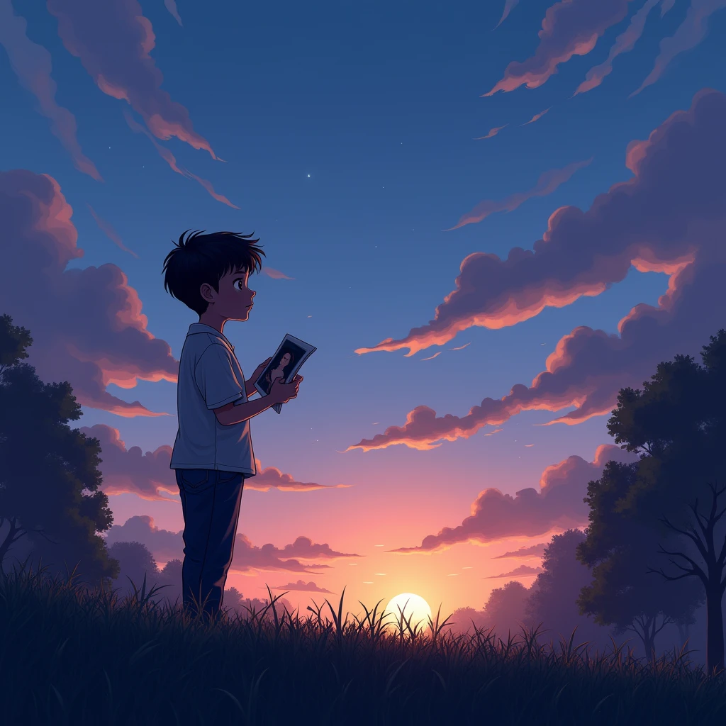 a lonely boy, looking up to the sky, reminishing his memories with his ex girlfriend, sorrow, unrequited love