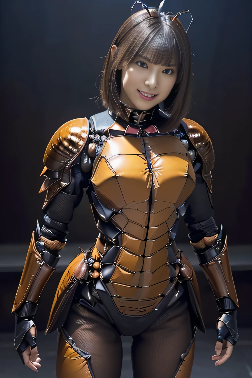 (high resolution,masterpiece,best quality,extremely detailed CG, anime, official art:1.4), realistic, photo, amazing fine details, all intricate, gloss and shiny,awesome many layers, 8k wall paper, 3d, sketch, kawaii, illustration,( solo:1.4), perfect female proportion,villainess, (fusion of dark brown cockroach and lady:1.4), (brown cockroach form lady:1.2), (brown cockroach lady:1.2), (fusion:1.2), (solo:1.4), (evil smile:1.2), muscular, abs, (cockroach brown exoskeleton bio insect suit:1.4), (cockroach brown exoskeleton bio insect armor:1.2), (brown transparency cockroach wing:1.4), (brown cockroach antennae:1.3),