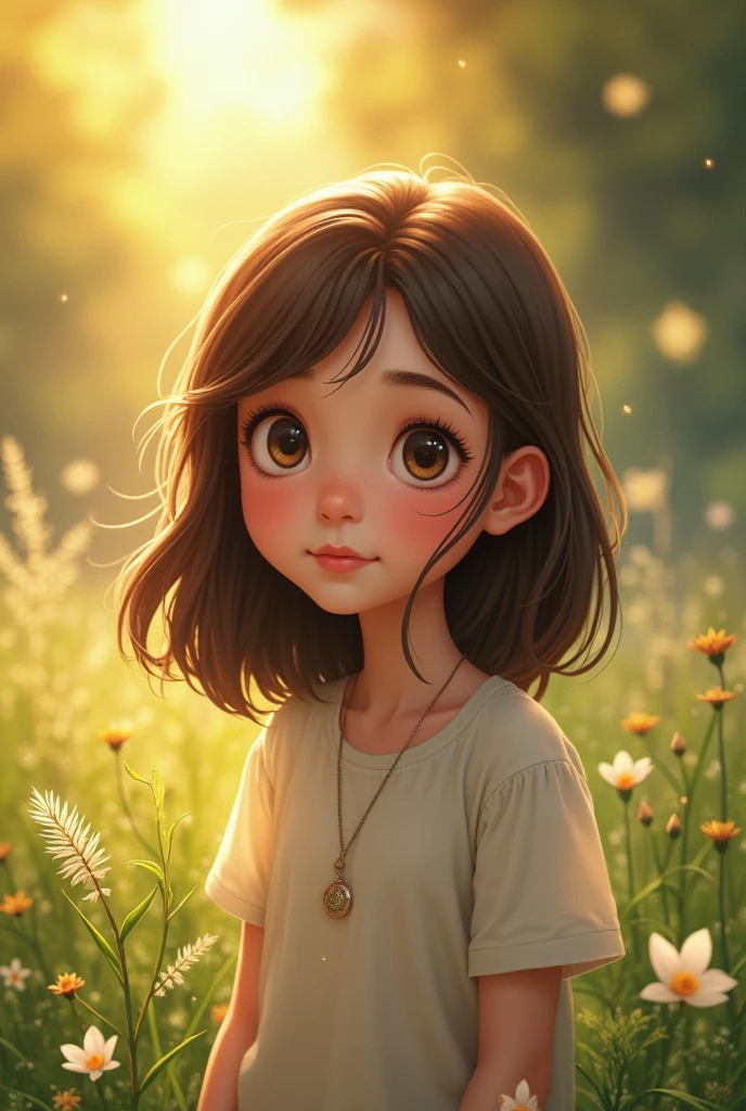 A girl, with round brown eyes, heavier lower lip, roumd face but has cheekbones, brown eyebrows , brown shoulder length hair , silky hair , fair skin,