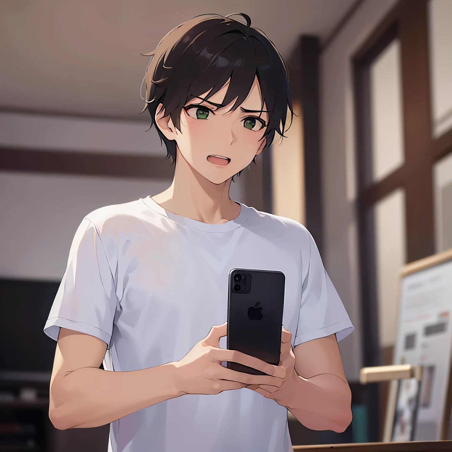 (25-year-old male:1.5) and (Brown short hair) and (Green Eyes), (looking away:1.5),upper body、 (talking on the smartphone:1.5),(handling_smart_phone, smart_phone:1.2)、
shiny skin, masterpiece、Highest quality、
(black T-shirts:1.5) 、
(angry:1.2),open mouth,The background is the living room、(alone:1.5)