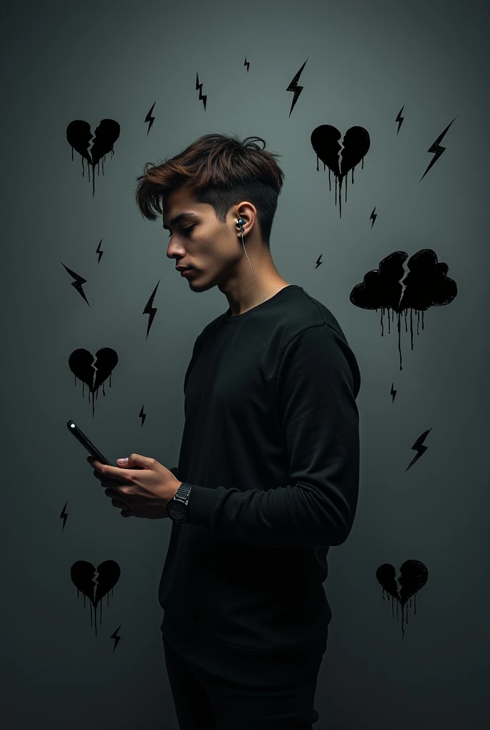 "Create an image of a young man with a cell phone in his hand, listening to music, and cloud symbols, black and broken hearts and lightning, with a not very happy expression, with a dark or black background and dark clothes.