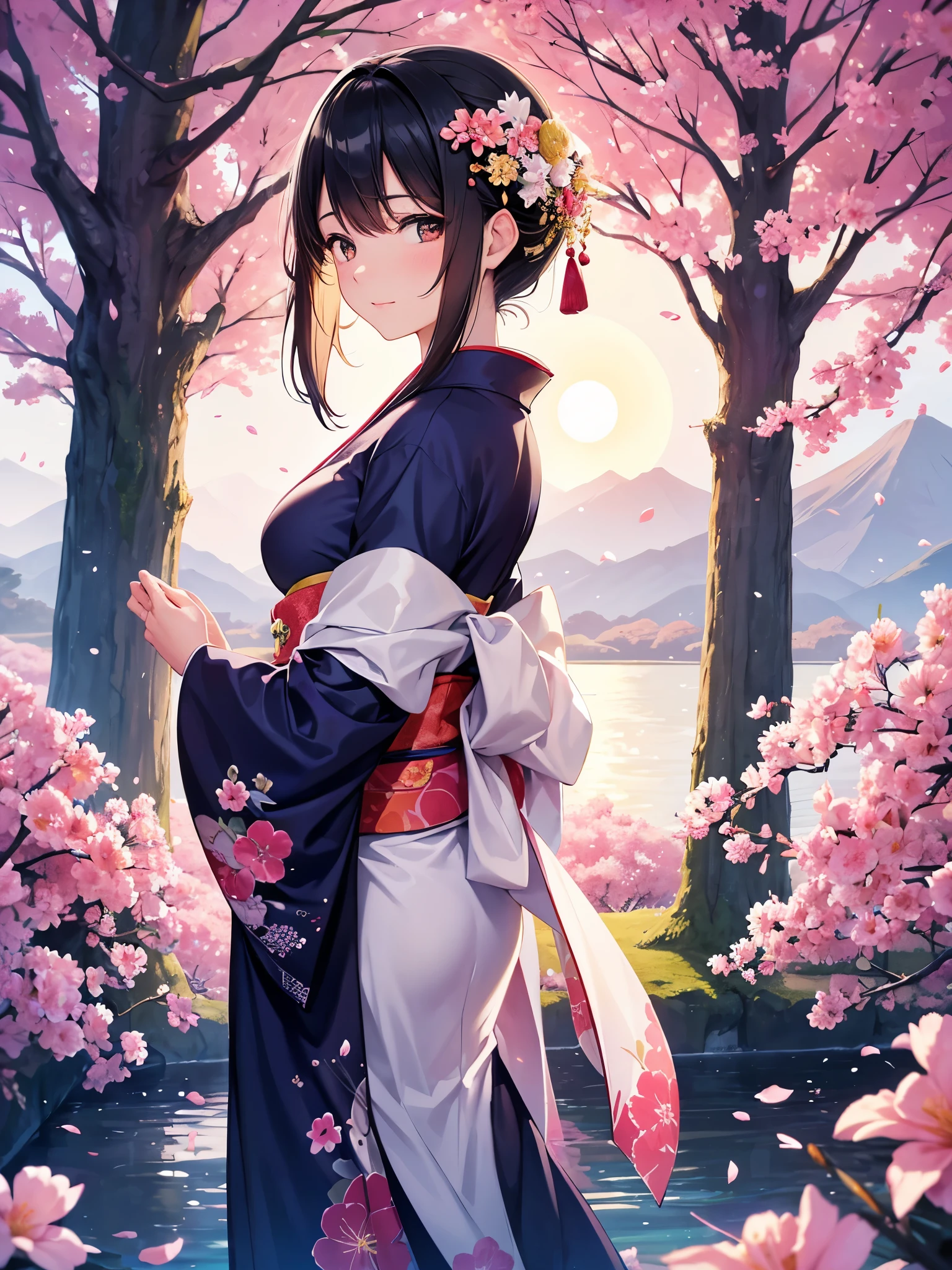 A serene Taishō era beauty gazes longingly over her shoulder, lost in thought as a gentle breeze rustles the petals of vibrant flowers surrounding her. A majestic bird perches delicately on a nearby branch, its feathers ruffled by the wind's whispers. The soft glow of the full moon casts an ethereal light upon the scene, illuminating the woman's delicate features and the lush garden around her.,look back ,kimono woman,light smile