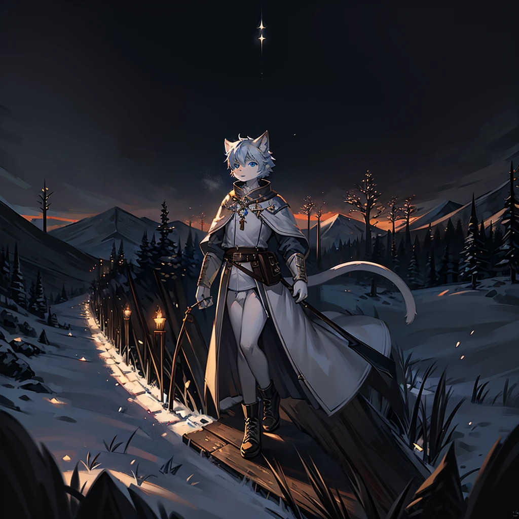 Furry, Anime furry, anthro male cat, light blue and white fur, short white hair, solo, white medieval coat, full body character, anime style character, digital painting, black skirt, black backpack, dagger, black medieval shoes, snow forest, panoramic