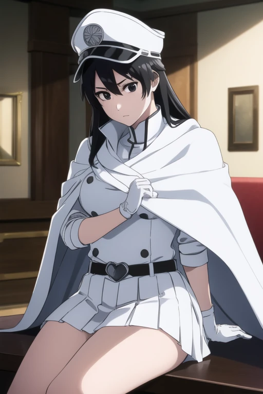 bambietta, bambietta basterbine, long hair, black hair, (black eyes:1.5), (medium breast:1.2),
BREAK skirt, gloves, boots, belt, cape, cloak, white cloak, hat, cap,
BREAK looking at viewer,
BREAK indoors,
BREAK (masterpiece:1.2), best quality, high resolution, unity 8k wallpaper, (illustration:0.8), (beautiful detailed eyes:1.6), extremely detailed face, perfect lighting, extremely detailed CG, (perfect hands, perfect anatomy), living room, sitting, couchs