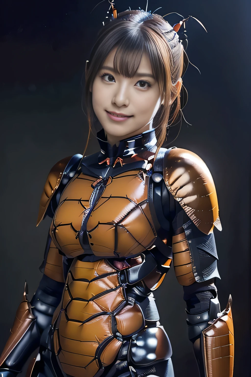 (high resolution,masterpiece,best quality,extremely detailed CG, anime, official art:1.4), realistic, photo, amazing fine details, all intricate, gloss and shiny,awesome many layers, 8k wall paper, 3d, sketch, kawaii, illustration,( solo:1.4), perfect female proportion,villainess, (fusion of dark brown cockroach and lady:1.4), (brown cockroach form lady:1.2), (brown cockroach lady:1.2), (fusion:1.2), (solo:1.4), (evil smile:1.2), muscular, abs, (cockroach brown exoskeleton bio insect suit:1.4), (cockroach brown exoskeleton bio insect armor:1.2), (brown transparency cockroach wing:1.4), (brown cockroach antennae:1.3),