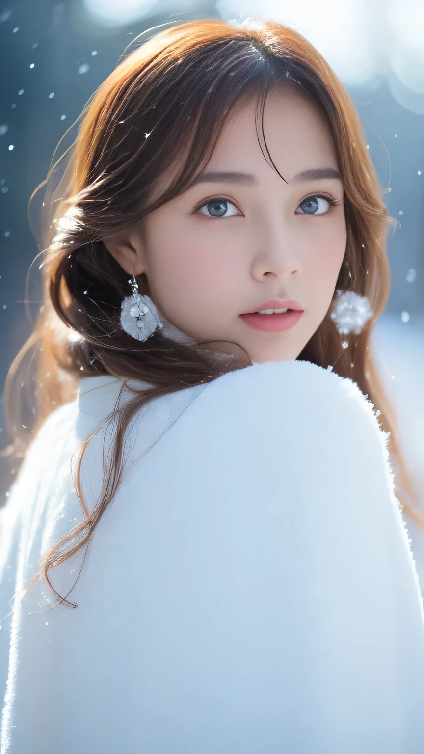 (highest quality, 8k, 32K，details are very clear),realistic, High resolution, 1 Japanese women, alone, (lolita costume)，luxurious costume，facing the audience，(Upper body，upper limbs)， beautiful eyes, brown hair, ring-shaped eyes, (outside，heavy snowfall，thick fur cape，cover with snow)，snowfield，blue eyes，highest qualityのイラスト，detailed facial features