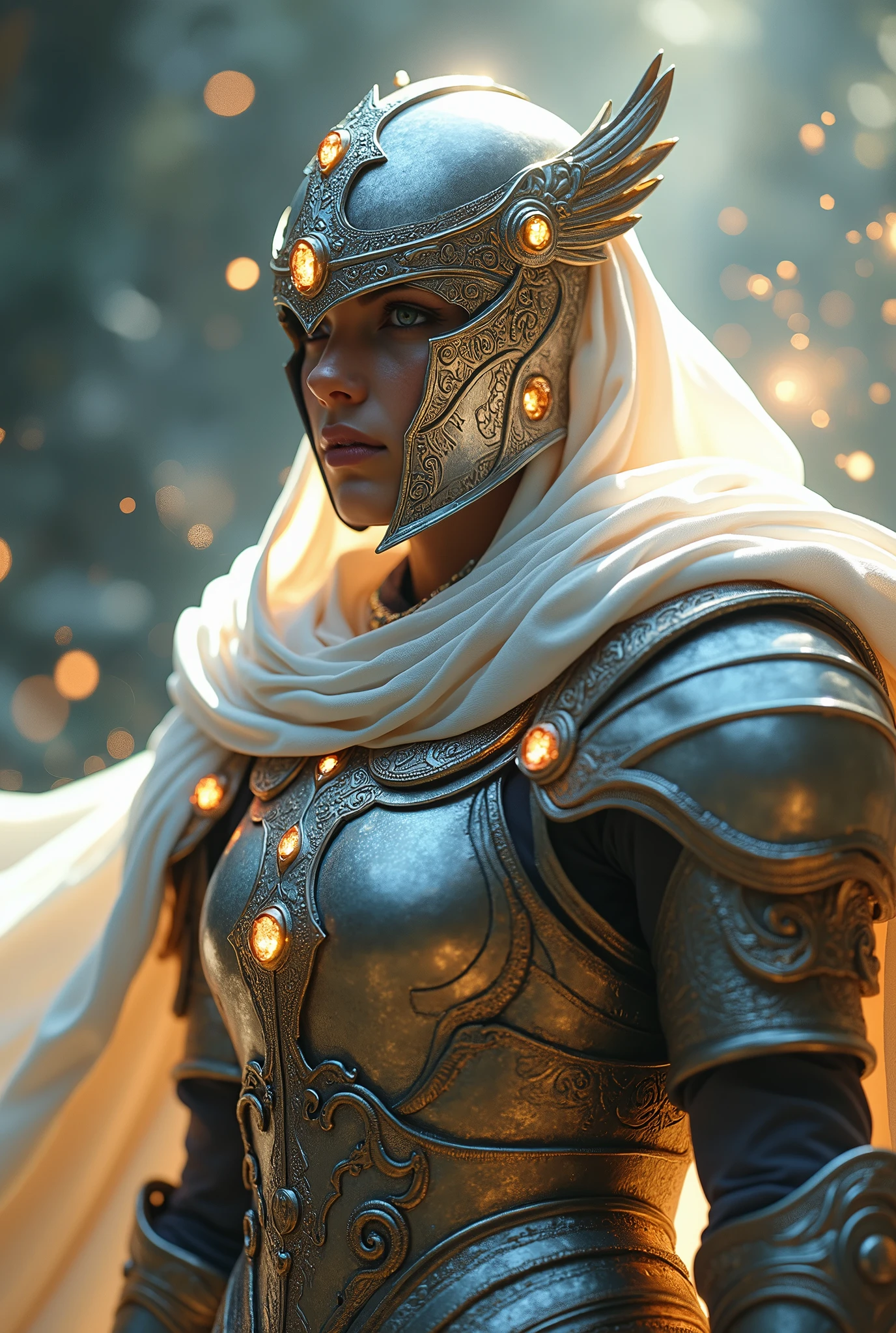 A close-up of a heroic, radiant warrior with a gleaming, intricately designed armor adorned with ornate patterns and glowing crystals. The figure's face is partially obscured by a sleek, elegant helmet, with determined and noble eyes shining through. The warrior wears a long, flowing mantle with a soft, white hue, edged in gold, exuding a sense of divine protection. The background is a luminous, mystical realm with a blend of ethereal light and soft focus, evoking the grandeur and epic fantasy of the Final Fantasy universe. The scene is infused with a sense of hope, courage, and the eternal struggle between light and darkness, digital art