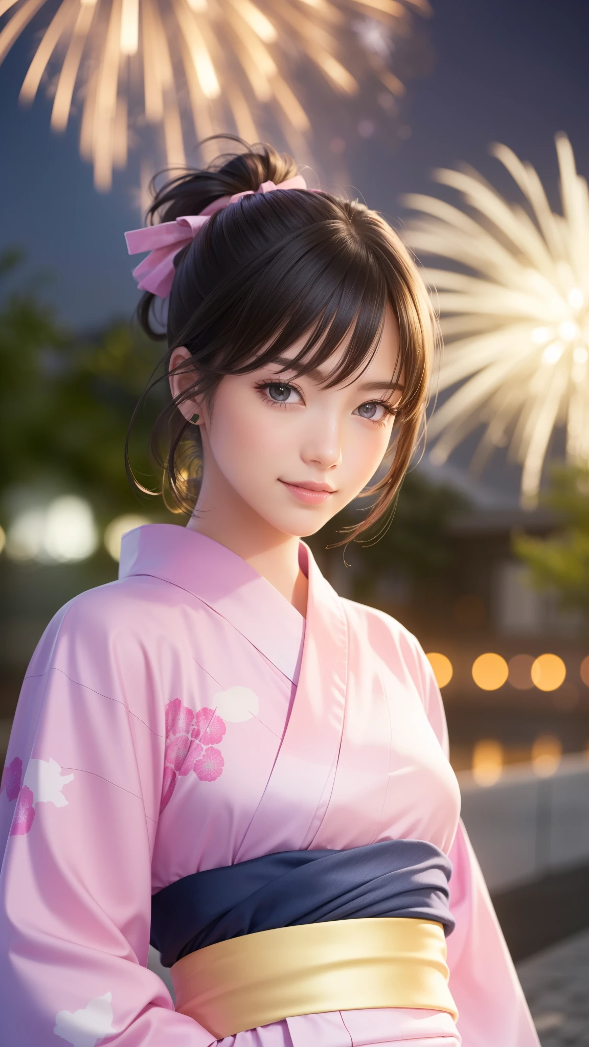 {Top Quality, Masterpiece}, (Realistic: 1.3), Wallpapers, ultra high res, ultra high quality, BREAK {{{FF7, Tifa_lockhart, solo}}},(ponytail), Ultra-detailed face, Detailed eyes, Red eyes, (black brown hair, Large breasts: 1.0), (she is wearing a pink beautiful yukata:1.8), About 18 years old, {{{erotic face ,erotic mouth, erotic eyes}}}, model pose:1.2, blush, shy ,smile, BREAK (Fireworks:1.1,evening:1.5),