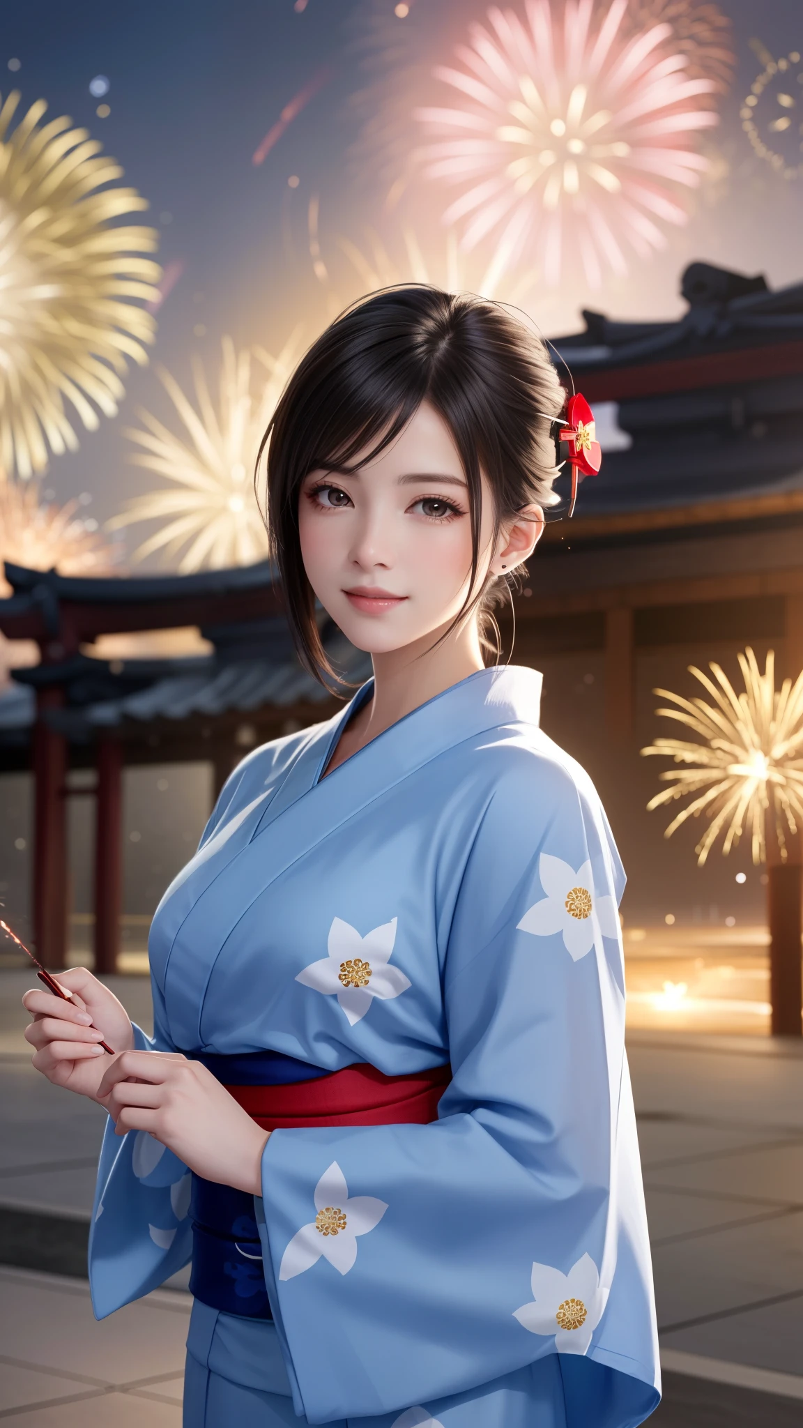 {Top Quality, Masterpiece}, (Realistic: 1.3), Wallpapers, ultra high res, ultra high quality, BREAK {{{FF7, Tifa_lockhart, solo}}},(ponytail), Ultra-detailed face, Detailed eyes, Red eyes, (black brown hair, Large breasts: 1.0), (she is wearing a beautiful yukata:1.8), About 18 years old, {{{erotic face ,erotic mouth, erotic eyes}}}, model pose:1.2, blush, shy ,smile, BREAK (Fireworks:1.1,evening:1.5), 