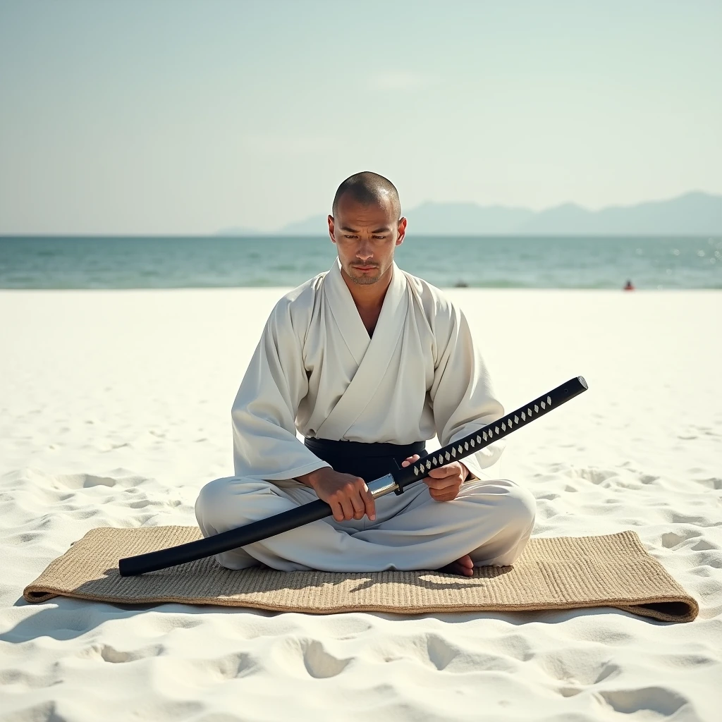 A japanese samurai sitting on a mat laid out on a white sandbank is about to commit seppuku with a Wakizashi in his hand.
He is dressed in white, shaved head. front view,