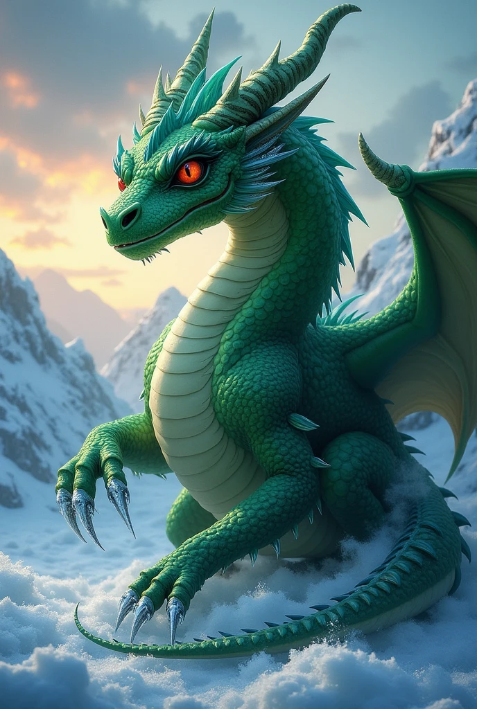 Create A green dragon that breaths ice instead of fire. Big eyes black and red his nails are made of  glass