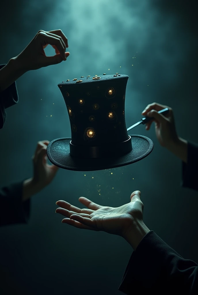 a magician's hat with floating hands by its side and knife jn one of them, in dark, the hat also have eyes on it