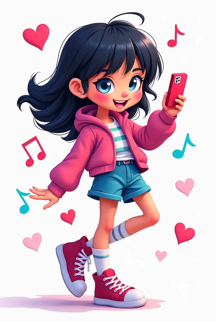 Tiktoker, fad, Bblack hair, blue eye, white background, Pixar-style
