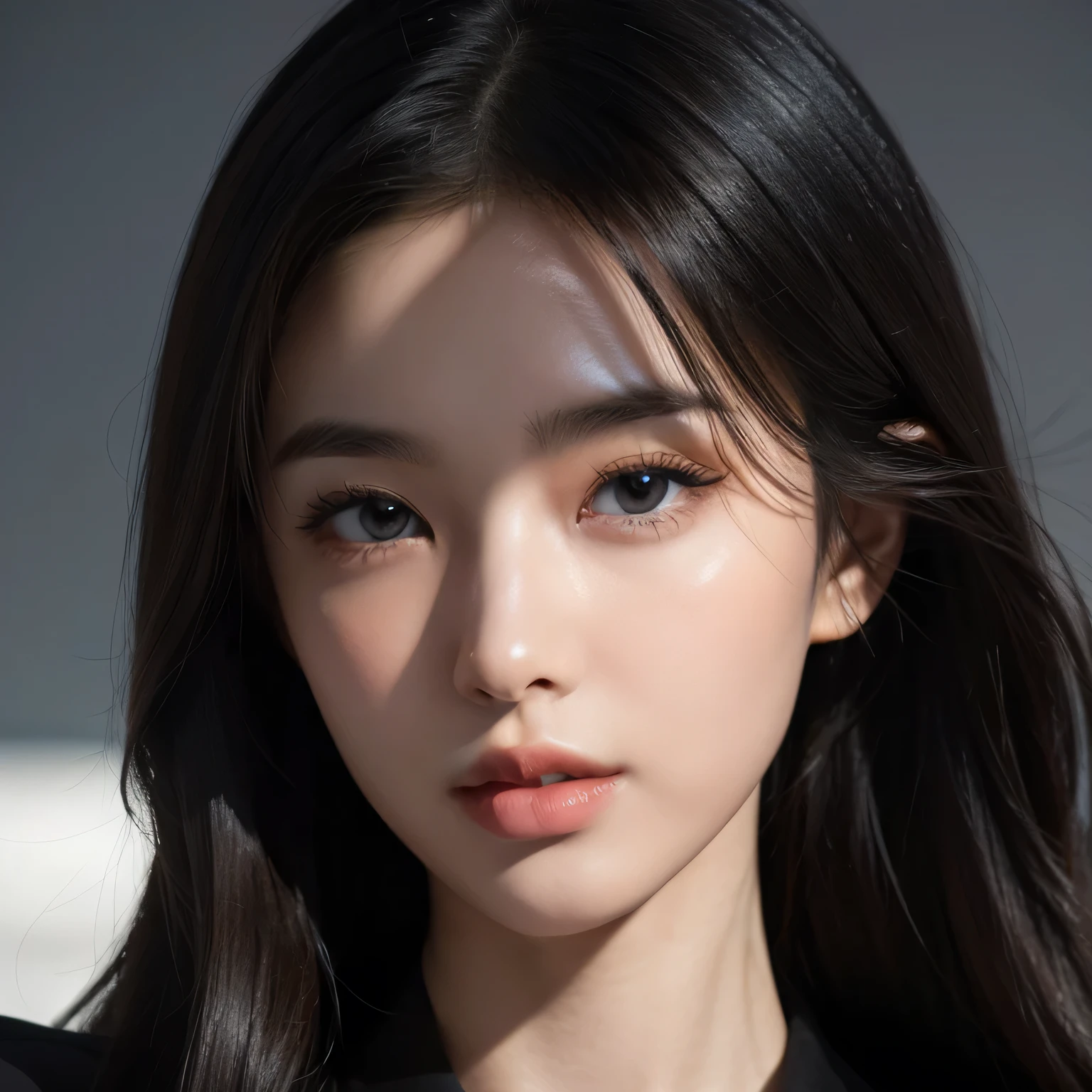 american chinese model, slim face, black wavy hair, sharp eyes, natural light, 21 years old, close-up of face, ((1 girl, Show half Body)). Ultra HD, Ultra-detailed, Highly Detailed, Ultra High Realistic, Ultra-realistic, Masterpiece:1.5, illustration:1.1, best quality:1.5, realistic, photorealistic, fine detail, perfect detail, sharp color, 4k, 8k, HDR, sharp focus, smooth detail, high resolution. (Anatomically Correct), (Detailed Realistic Skin Texture). slim body. A beautiful woman wearing long sleeves shirt and pants. dark background. Long black hair with bangs, Beautiful face, closed mouth, closed lips, detailed face, Beautiful eyes, perfect symmetrically perfect eyes.