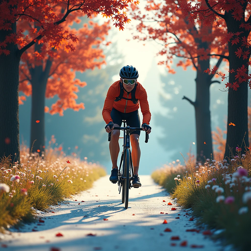 A cyclist rides from the winter boundary to the summer, experiencing the beautiful scenery of seasonal changes. Through the contrast of seasonal colors, showcase the beauty of harmonious coexistence between cycling and nature. Beautiful cinematic lighting, surreal, RAW photo, color graded, dynamic movement, captivating chiaroscuro, full body, award-winning, cinematic still, emotional, vignette, dynamic, vivid, (masterpiece, best quality, photorealistic, Professional, perfect composition, very aesthetic, absurdres, ultra-detailed, intricate details:1.3)